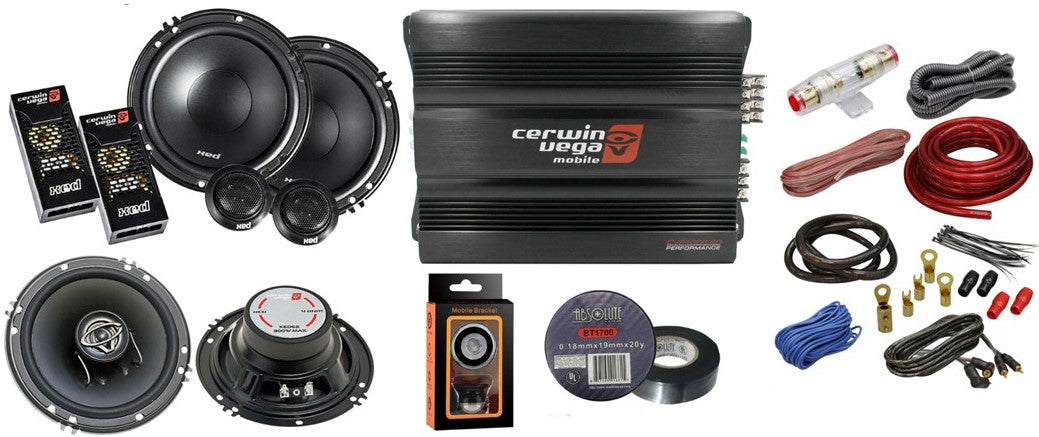 Cerwin Vega CVP1600.4D 1600W Amp + XED650C + XED-62 6.5" Speakers + AMP Kit + Mobile Bracket & Tape