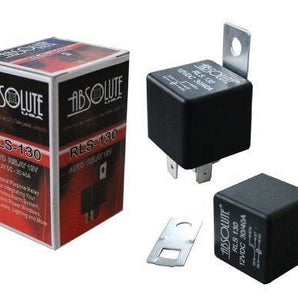 Absolute USA RLS-130 waterproof relay with metal bracket packaging and two relays shown from different angles.