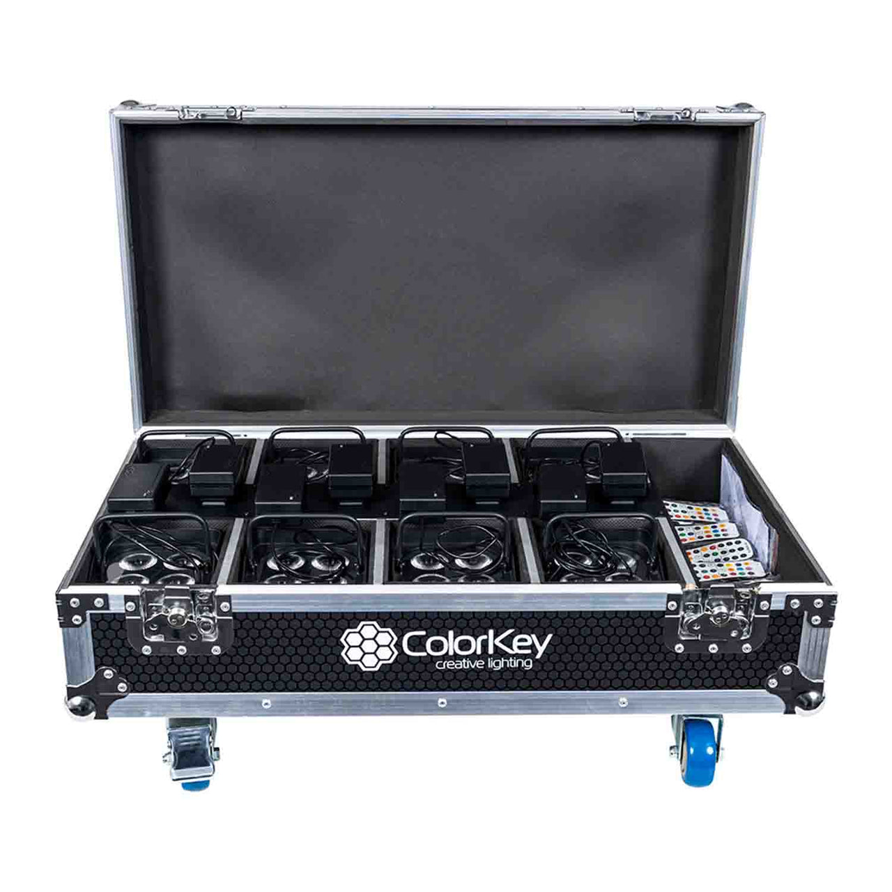 Colorkey CKW-6028-KIT, Mobilepar Mini Hex 4 Uplights 8-Pack Bundle with Charging Road Case