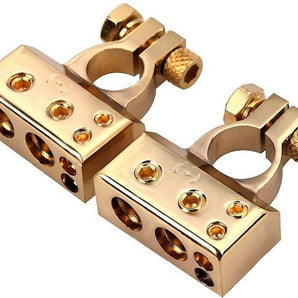 2x Car Battery Terminal Positive & Negative Gold 4/8 Awg Gauge Plated Clamps