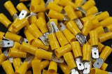 Install Bay YVMD250 yellow vinyl male quick disconnect terminal for 12-10 gauge wire.