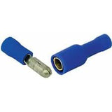 Blue nylon female bullet connector with a male connector for electrical wiring. Blue nylon female bullet connector with a male connector for electrical wiring.