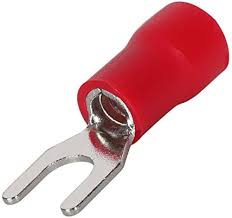 Red insulated fork spade wire connector for electrical crimping applications.
