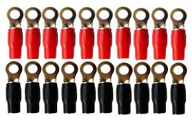 0 gauge ring terminal connectors in red and black, suitable for 1/0 AWG wire crimping, 20 pack.