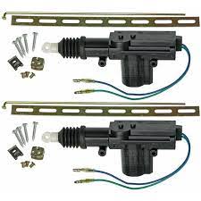 Universal car power door lock actuator 12V motor set with installation hardware and components.