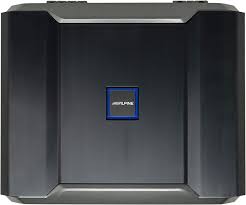 Alpine R-A75M mono amplifier with sleek black design and control knobs, ideal for car audio systems.