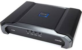 Alpine R-A75M mono amplifier with sleek black design and control knobs, ideal for car audio systems.
