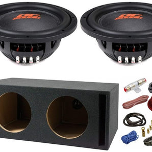 2 DC Sound DSW2000 10" Shallow-Mount Subwoofer 2000W with ported box and amplifier kit components.