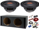 2 DC Sound DSW2000 10" Shallow-Mount Subwoofer 2000W with ported box and amplifier kit components.