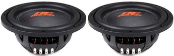 2 DC Sound DSW2000 10" shallow-mount subwoofers with dual voice coils for powerful bass performance.