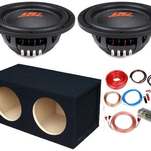 2 DC Sound DSW2000 10" Shallow-Mount Subwoofer with enclosure box and amp kit for powerful bass performance.