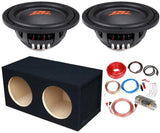 2 DC Sound DSW2000 10" Shallow-Mount Subwoofer with enclosure box and amp kit for powerful bass performance.