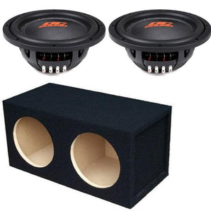 2 DC Sound DSW2000 10" Shallow-Mount Subwoofer with enclosure box for powerful bass performance.