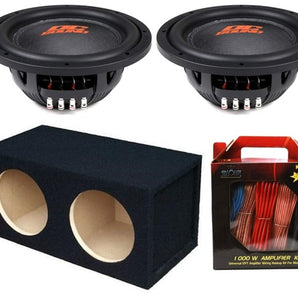 2 DC Sound DSW2000 10" Shallow-Mount Subwoofer and enclosure box with 8G amplifier kit for powerful audio.