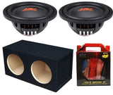2 DC Sound DSW2000 10" Shallow-Mount Subwoofer and enclosure box with 8G amplifier kit for powerful audio.