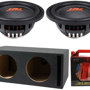 2 DC Sound DSW2000 10" Shallow-Mount Subwoofer with ported box and amplifier kit for powerful bass.