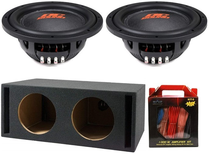 2 DC Sound DSW2000 10" Shallow-Mount Subwoofer 2000W + Ported Box + 8G Amp Kit