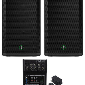 2 Mackie Thrash215 15" 1300 Watt Powered Active DJ PA Speakers + Mix5 Mixer