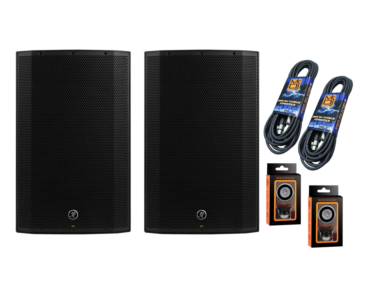 2 Mackie Thump215XT 15" Advanced Power Loudspeaker + 2 MR DJ Cables + Absolute Mobile Phone Holder