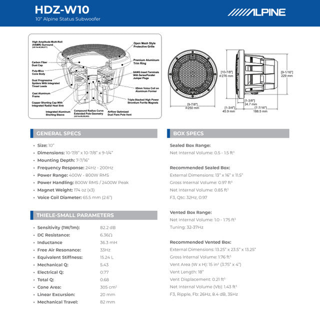 Alpine HDZ-W10 10" Subwoofer 2400W Dual 4-Ohm + Grille Bundle