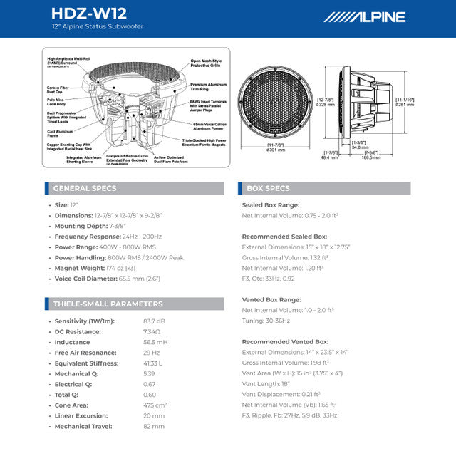 Alpine HDZ-W12 12" Subwoofer 2400W Dual 4-Ohm + Grille
