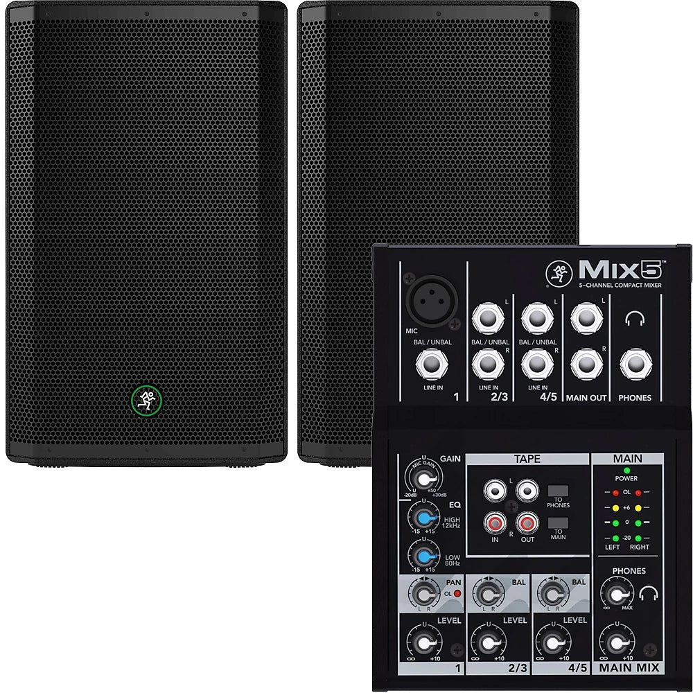 2 Mackie Thrash215 15" 1300 Watt Powered Active DJ PA Speakers + Mix5 Mixer