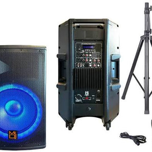 MR DJ 4500W Peak Bi-Amped Bluetooth DJ Speaker with 15" Woofer LED Party Lights Portable PA System, Built-In Media Player, Wired Mic, Speaker Stand, 3-Channel Mixer