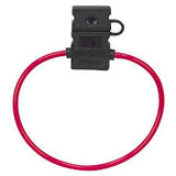 In-line blade fuse holder featuring a black plastic clip and a red OFC copper wire for electrical protection.