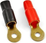 0 gauge ring terminal in red and black colors for 1/0 AWG wire crimp connections.
