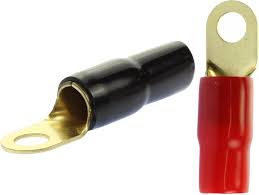 0 gauge ring terminal in red and black colors for 1/0 AWG wire crimp connections.