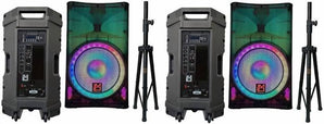 2 MR DJ PLED5200 + 2 Speaker Stand 2-Way 15" Portable PRO PA DJ Active Powered Speaker Bluetooth FM USB Sd Karaoke & Smart App + 2 Speaker Stand