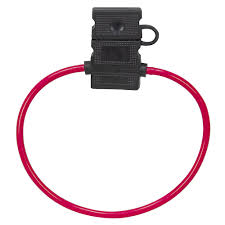 In-line blade fuse holder featuring a black protective cap and red OFC copper wire for secure electrical connections.