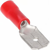 Install Bay RVMD250 Red Vinyl Male Quick Disconnect terminal for 22-18 gauge wiring.