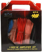 KIT-8 1000W Amplifier Wiring Hookup Kit for most cars and shallow-mount subwoofer  with red and blue wires.
