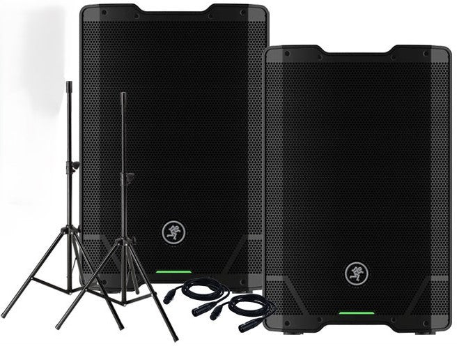 2 Mackie SRT215 15" 1600-watt Professional Powered Loudspeaker & Stand & Cable