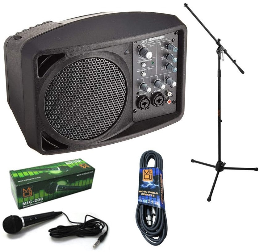 Mackie SRM150 5" Compact Active PA System with MR DJ Dynamic Vocal Microphone Tripod Mic Stand & XLR Cable Bundle