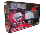Absolute MIR77PKG 7-Inch Rear View Mirror Monitor packaging with camera and sensors displayed.