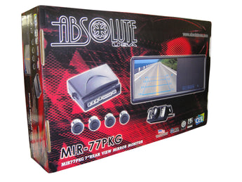 Absolute MIR77PKG 7-Inch Rear View Mirror Monitor packaging with camera and sensors displayed.