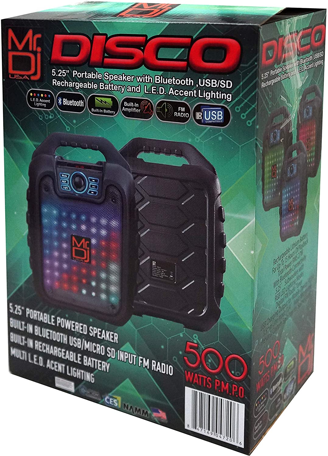 Pair of MR DJ DISCO 5.25" Portable Powerful PA Bluetooth Speaker Karaoke Machine with Sound Activated Lights, Battery Powered, FM Radio, USB/Micro SD Card, & LED Party Light