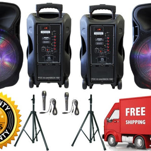 2 MR DJ DJ15-BTA 3000W Bluetooth PA DJ FM Radio Speaker Microphone, 2 Spk stands