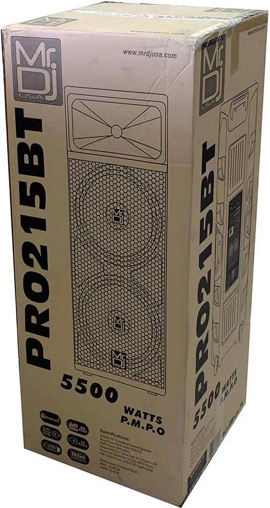 Mr Dj PRO215BT PRO PA DJ Dual 15" Active Full Range Powered Speaker 2" Display