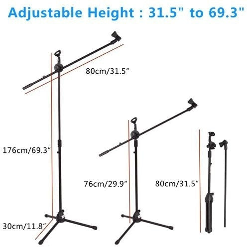 MR DJ MS500 Universal Heavy-Duty Tripod Microphone Stand with Mic Holder Clips