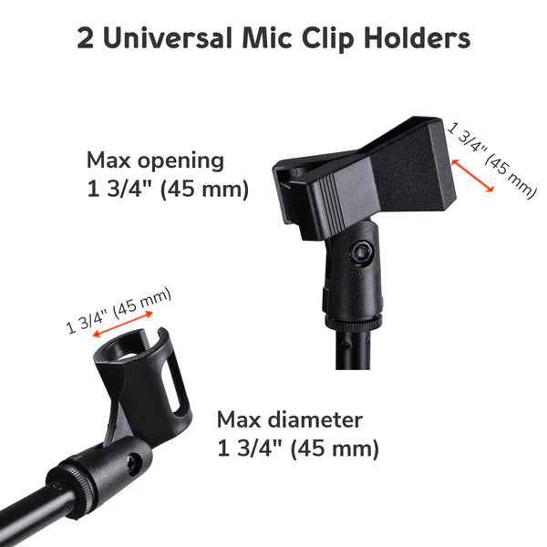 2 Microphone Stands Adjustable Boom Stage or Instrument with Mic Holder Clips & Carry Bag
