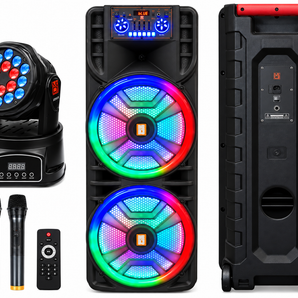 MR DJ NEWYORK+ 12" X 2 Rechargeable Portable Bluetooth Karaoke Speaker with Party Flame Lights Microphone TWS USB FM Radio + 18-LED Moving Head DJ Light