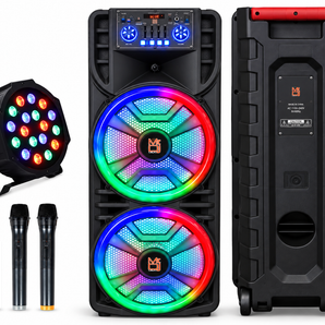 MR DJ NEWYORK+ 12" X 2 Rechargeable Portable Bluetooth Karaoke Speaker with Party Flame Lights Microphone TWS USB FM Radio + 18-LED Slim Par Wash DJ Light
