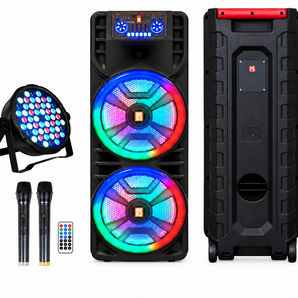 MR DJ NEWYORK+ 12" X 2 Rechargeable Portable Bluetooth Karaoke Speaker with Party Flame Lights Microphone TWS USB FM Radio + 54-LED Slim Par Wash DJ Light