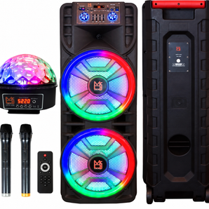 MR DJ NEWYORK+ 12" X 2 Rechargeable Portable Bluetooth Karaoke Speaker with Party Flame Lights Microphone TWS USB FM Radio + LED Crystal Magic Ball