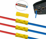 Image of yellow insulated terminals connected to wires with a crimping tool for optimal electrical connections.