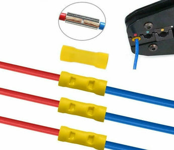 Image of yellow insulated terminals connected to wires with a crimping tool for optimal electrical connections.