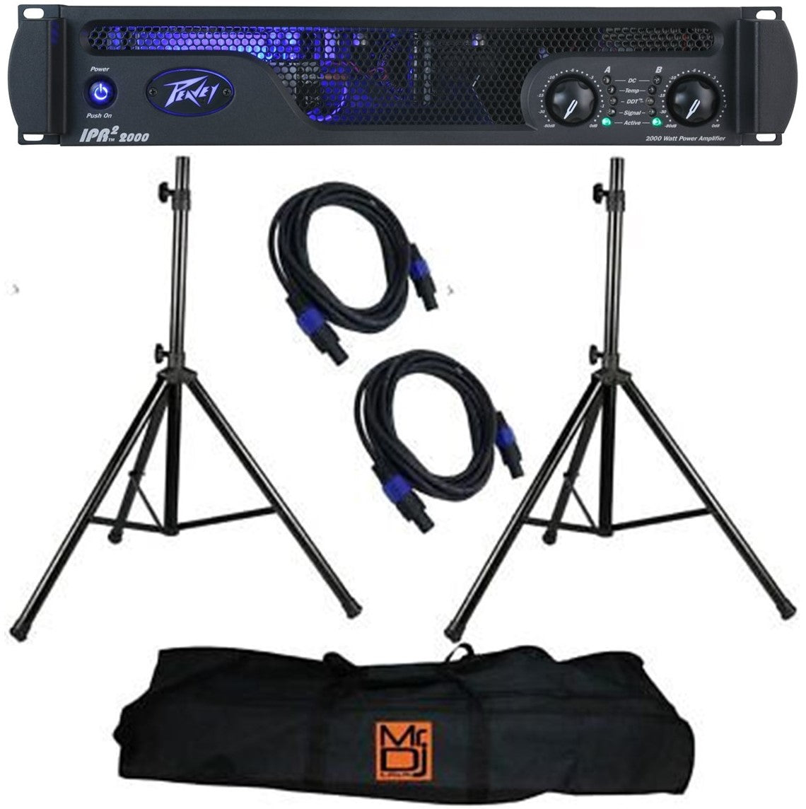 Peavey IPR 2 2000 2-Channel Lightweight 2000W Power Amplifier + 2 Speaker Stand Bundle